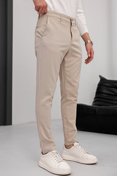 MODAMESTO Ανδρικό εφαρμοστό Μπεζ ελαστικό ύφασμα Λινό Παντελόνι