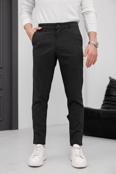 MODAMESTO Ανδρικό παντελόνι εφαρμοστό ανθρακί ελαστικό ύφασμα λινό