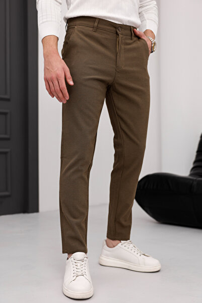 MODAMESTO Ανδρικό εφαρμοστό Καφέ ελαστικό ύφασμα Λινό Παντελόνι