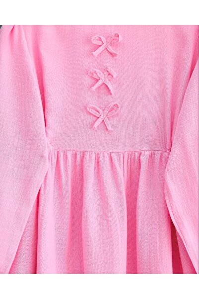Modamorfo Muslin Dress with Bow Detail on the Front and Elastic Sleeves - Pink