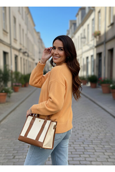 K-ODEA BUTİK Pulover de tricotat ORANGE supradimensionat pentru femei - Textura moale guler rotund