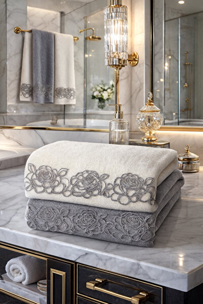 Çeyiz Bahçesi Рушник з кадифу Roose - Çeyiz Bahçesi, кремово-сірий, 50x90