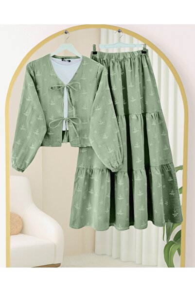 Modamorfo Muslin Set with Lace-Up Front and Embroidery Detail Skirt - Khaki