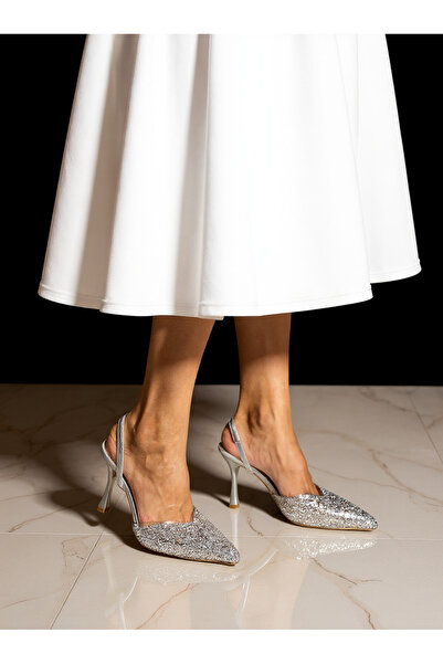 DC DONNA Kadın Taş Detaylı İnce Topuklu Abiye Ayakkabı 7 cm Parlak Şık Stiletto