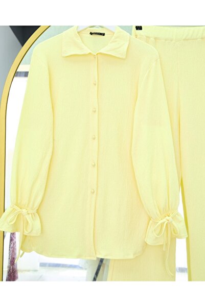 Modamorfo Top Buttoned Sleeve Lace-Up Crinkle Suit - Light Yellow