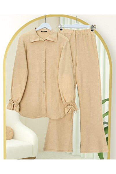 Modamorfo Top Buttoned Sleeve Lace-Up Crinkle Suit -Beige