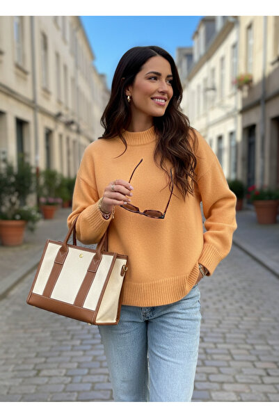 K-ODEA BUTİK Pulover de tricotat ORANGE supradimensionat pentru femei - Textura moale guler rotund