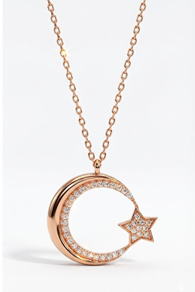 Parmas Design Kadın Ay Yıldız 925 Ayar Gümüş Rose Kolye
