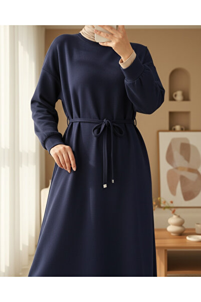 Modamorfo Round Neck Belted Long Combed Cotton Dress - Navy