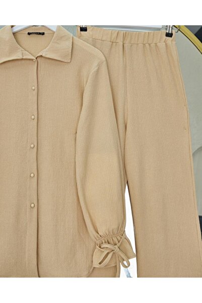 Modamorfo Top Buttoned Sleeve Lace-Up Crinkle Suit -Beige