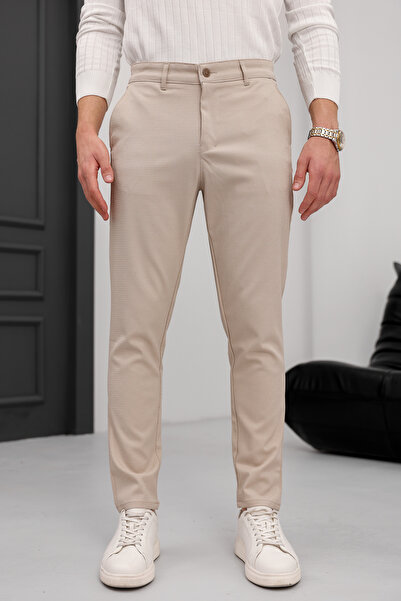 MODAMESTO Ανδρικό εφαρμοστό Μπεζ ελαστικό ύφασμα Λινό Παντελόνι