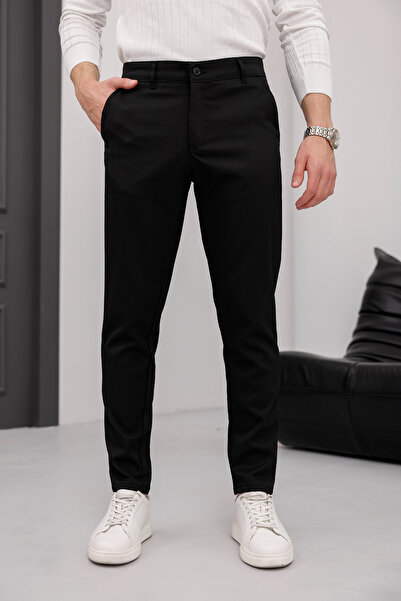 MODAMESTO Ανδρικό εφαρμοστό Μαύρο ελαστικό ύφασμα Λινό Παντελόνι