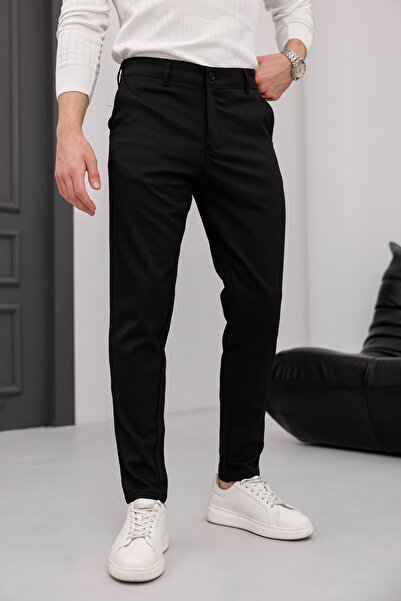MODAMESTO Ανδρικό εφαρμοστό Μαύρο ελαστικό ύφασμα Λινό Παντελόνι