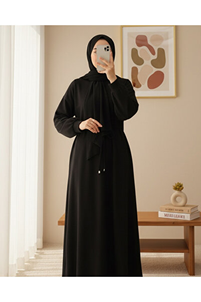 Modamorfo Round Neck Belted Long Combed Cotton Dress -Black