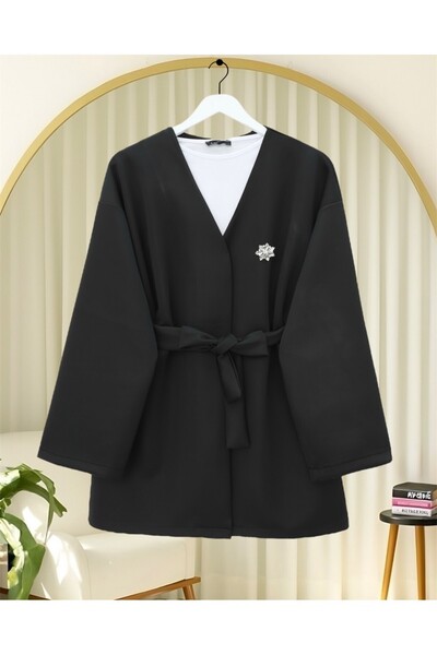 Modamorfo Μπουφάν κατάδυσης με λεπτομέρεια καρφίτσας και ζώνη στη μέση - Μαύρο