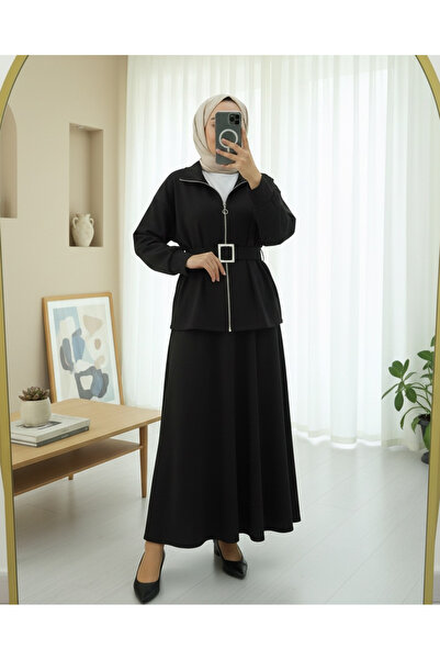 Modamorfo Combed Cotton Suit with Folded Waist, Front Zipper and Belted Skirt - Black