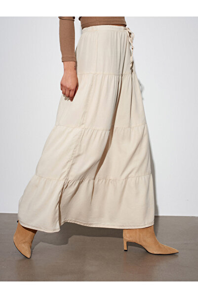 Dilvin 80588 Elastic Waist Gathered Denim Skirt-Stone