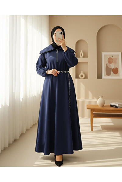 Modamorfo High-Necked Half-Zippered Gathered Waist Belted Scuba Dress - Navy