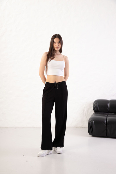 YusGos Women's Soft Textured Modal Fabric Side Stripe Wide Leg Palazzo Pants Black