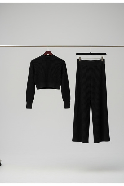 YusGos Women's Half Fisherman Knit Crop Sweater Pants Knitwear Top-And-Bottom Set Black m