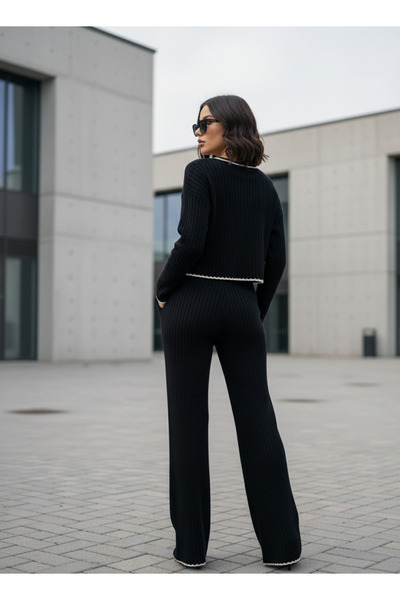 YusGos Women's Crew Neck Shepherd Stitch Knit Crop Sweater Pants Knitwear Top and Bottom Set Black m