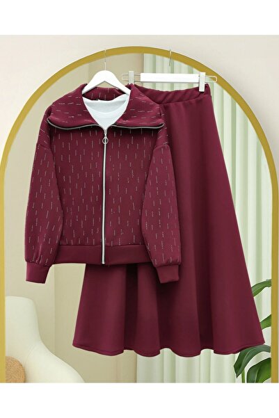 Modamorfo Zippered Front High Neck Stone Detailed Scuba Suit - Burgundy