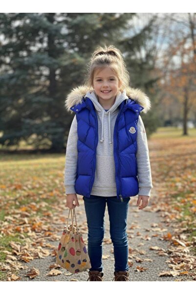 YusGos Baby Girl Child Waterproof Zippered Furry Hooded Pocket Inflatable Padded Vest (2-15 Years) Blue 3 Years