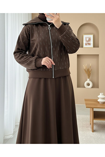 Modamorfo Front Zippered High Neck Stone Detailed Scuba Suit - Brown