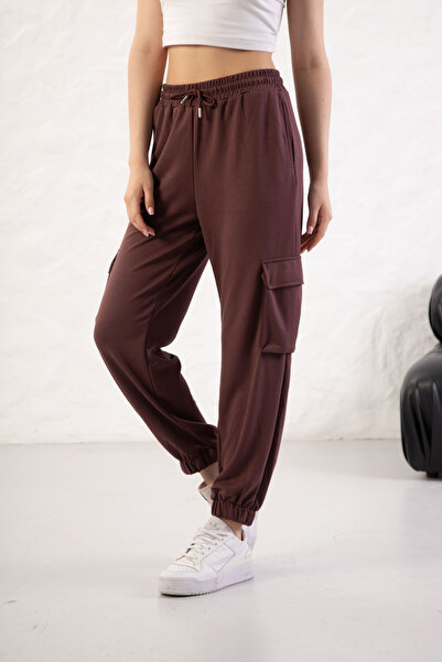 YusGos Women's Soft Textured Modal Fabric Pocket Detailed Elastic Leg Cargo Pants Plum S