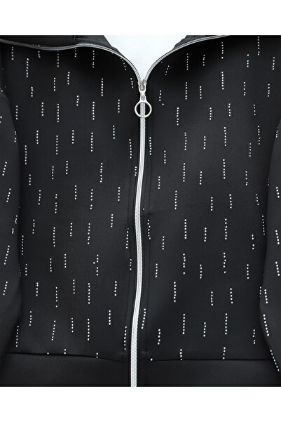 Modamorfo Front Zippered High Neck Stone Detailed Scuba Suit - Black