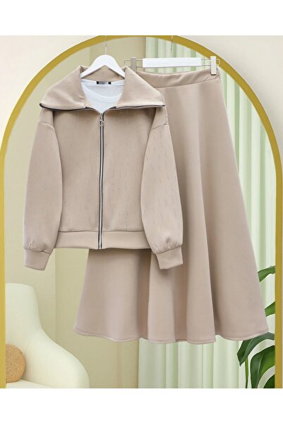 Modamorfo Front Zippered High Neck Stone Detailed Scuba Suit - Beige