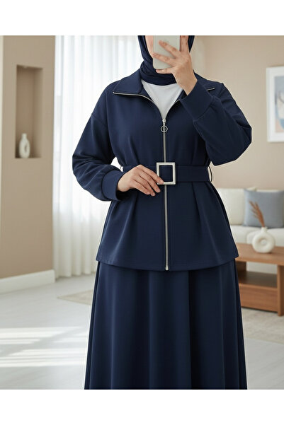 Modamorfo Combed Cotton Suit with Folded Waist, Front Zipper and Belted Skirt - Navy