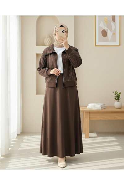 Modamorfo Front Zippered High Neck Stone Detailed Scuba Suit - Brown