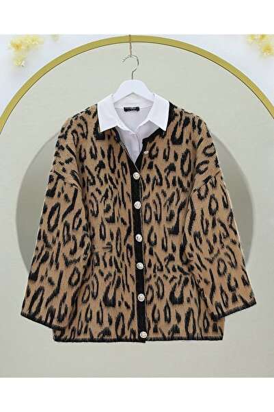 Modamorfo Fleece-Lined Leopard Patterned Soft Knit Cardigan - Mink