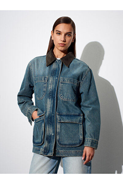 Dilvin 65381 100% Cotton Velvet Collar Denim Jacket-Tint