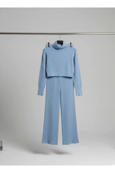 YusGos Women's Half Fisherman Knit Crop Sweater Pants Knitwear Top-Bottom Set Blue XS