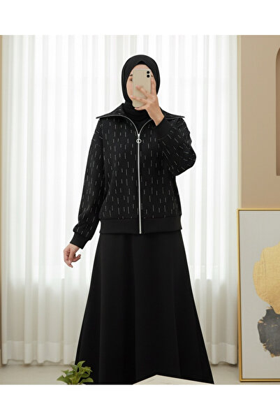 Modamorfo Front Zippered High Neck Stone Detailed Scuba Suit - Black