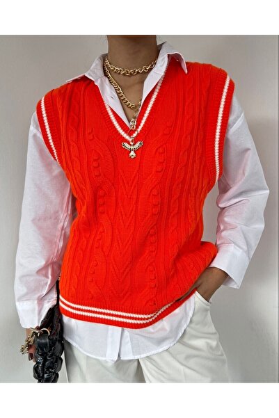 Modamorfo V-Neck Stripe Winter Sweater - Orange