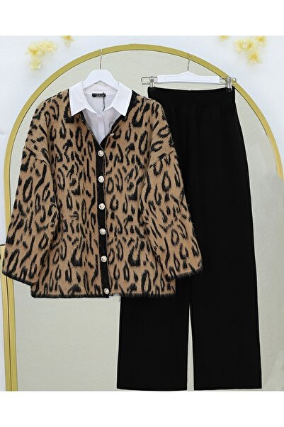 Modamorfo Fleece-Lined Leopard Patterned Soft Knit Cardigan - Mink