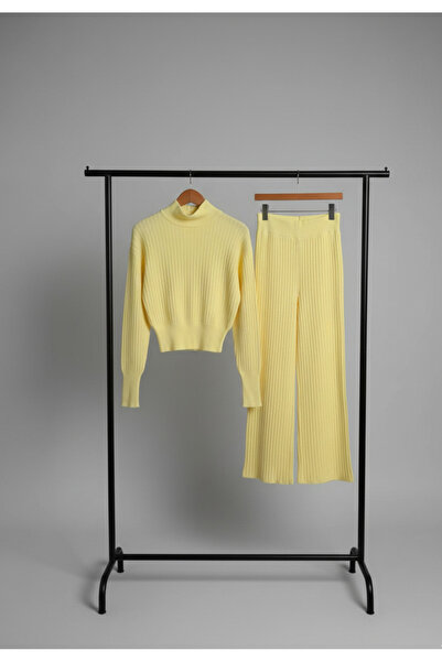 YusGos Women's Half Fisherman Knit Crop Sweater Pants Knitwear Top and Bottom Set Yellow