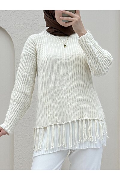 Modamorfo Stone Colored Short Sweater with Tassel Skirt