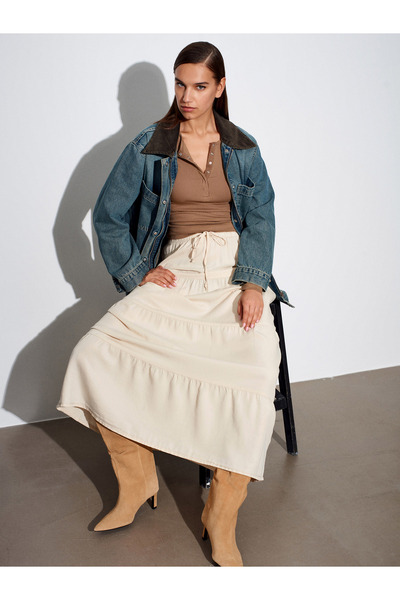 Dilvin 80588 Elastic Waist Gathered Denim Skirt-Stone