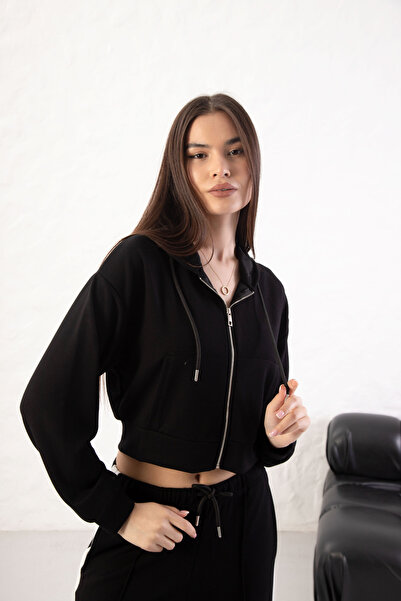 YusGos Women's Long Sleeve Zippered Modal Fabric Pocketed Hooded Crop Black