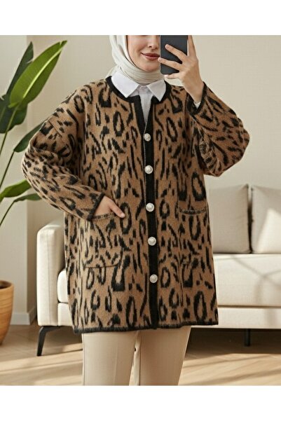 Modamorfo Fleece-Lined Leopard Patterned Soft Knit Cardigan - Mink