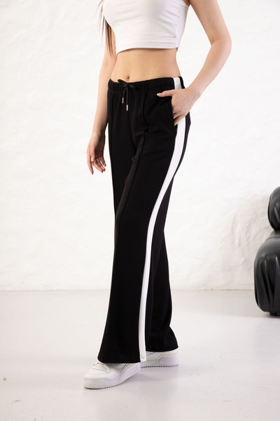YusGos Women's Soft Textured Modal Fabric Side Stripe Wide Leg Palazzo Pants Black