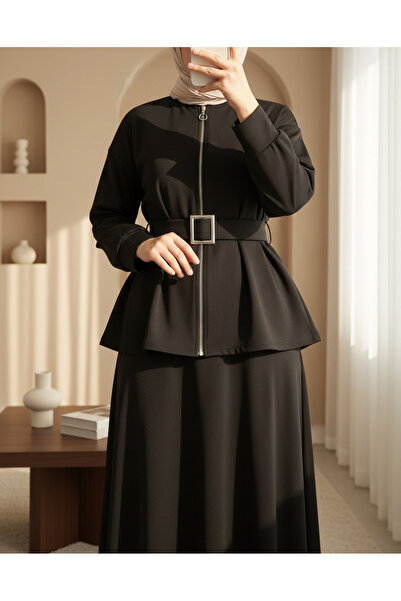 Modamorfo Combed Cotton Suit with Folded Waist, Front Zipper and Belted Skirt - Black