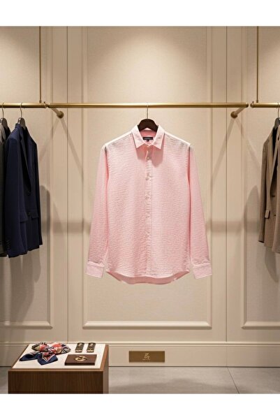 YusGos Long Sleeve Cotton Easy Iron Muslin Regular Fit Premium Men's Shirt Pink XL