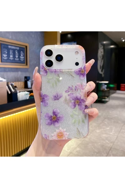 HYPERSOFT Iphone 16 (6.1 inç) Uyumlu Simli Görünüm Flowers Desenli Şık Kılıf