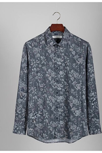 YusGos Long Sleeve Cotton Easy Iron Leaf Pattern Regular Fit Premium Men's Shirt Smoked 3XL