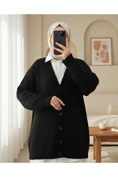 Modamorfo Buttoned Front Knitted Sweater Cardigan - Black